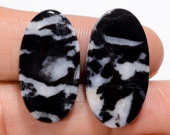 Awesome A One Quality 100% Natural Black Zebra Jasper Oval Shape Cabochon Gemstone 2 Pcs For Making Jewelry 25.5 Ct. 24X13 26X13 mm SB-29536