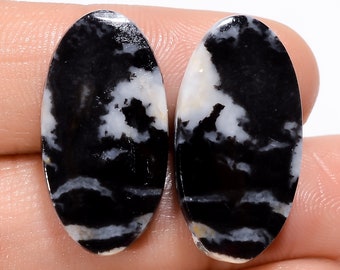 Gorgeous Top Grade Quality 100% Natural Black Zebra Jasper Oval Shape Cabochon Gemstone Pair For Making Earrings 25.5 Ct 24X12X3 mm SB-29519