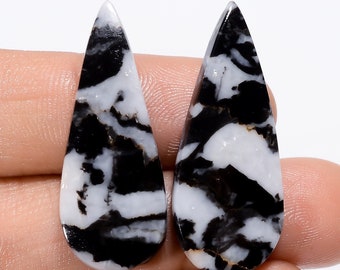 Awesome A One Quality 100% Natural Black Zebra Jasper Pear Shape Cabochon Gemstone 2 Pcs For Making Jewelry 28.5 Ct. 32X12 33X13 mm BS-29414