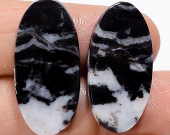 Immaculate A One Quality 100% Natural Black Zebra Jasper Oval Shape Cabochon Gemstone 2 Pcs For Making Jewelry 28 Ct 25X12 27X12 mm BS-29422