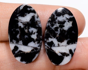 Elegant Top Grade Quality 100% Natural Black Zebra Jasper Oval Shape Cabochon Gemstone Pair For Making Earrings 23.5 Ct. 23X13X3 mm BS-29419