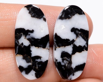 Elegant Top Grade Quality 100% Natural Black Zebra Jasper Oval Shape Cabochon Gemstone Pair For Making Earrings 23 Ct. 25X11X2 mm SB-29517