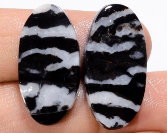 Gorgeous A One Quality 100% Natural Black Zebra Jasper Oval Shape Cabochon Gemstone 2 Pcs For Making Jewelry 28.5 Ct 24X12 25X12 mm BS-29446
