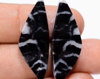 Amazing Top Grade Quality 100% Natural Black Zebra Jasper Fancy Shape Cabochon Gemstone Pair For Making Earrings 21 Ct. 32X10X3 mm BS-29435