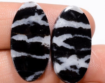 Beautiful Top Grade Quality 100% Natural Black Zebra Jasper Oval Shape Cabochon Gemstone Pair For Making Earrings 28 Ct. 25X12X3 mm SB-29513