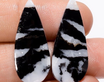 Outstanding A One Quality 100% Natural Black Zebra Jasper Pear Cabochon Gemstone 2 Pcs For Making Jewelry 23.5 Ct. 27X11 28X11 mm BS-29451