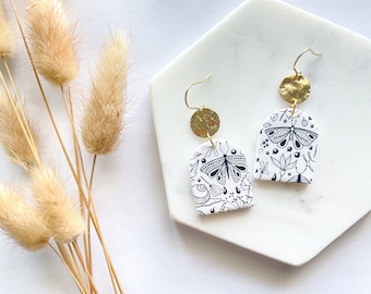 Black and white moth earrings | Hypoallergenic clay earrings