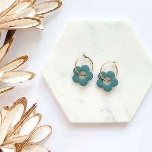 Teal daisy hoops  | Hypoallergenic clay earrings