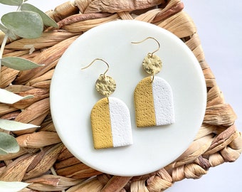 Mustard and white color block earrings