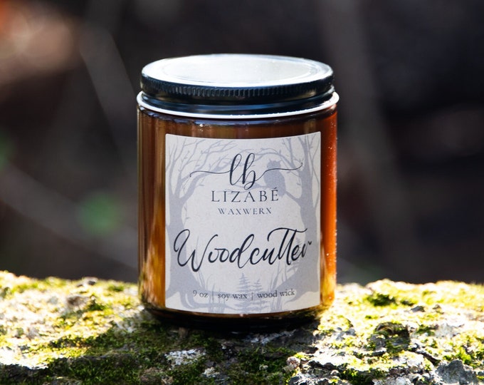 New! Woodcutter Vegan Soy Candle | Wood Wick | Natural | Forest | Lizabe Waxwerx | Lavender Geranium Mahogany Woods
