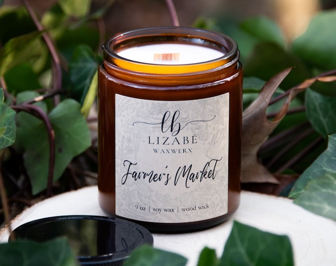 New! Farmer's Market Vegan Soy Candle | Wood Wick | Natural | Forest | Lizabe Waxwerx | Tomato Leaf Lemon Basil Thyme Moss Green Leaves