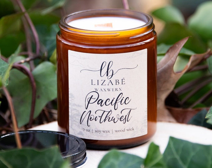 New! Pacific Northwest Vegan Soy Candle | Wood Wick | Natural | Forest | Lizabe Waxwerx | Cloves Earth Pine Cedar Embers Moss