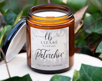 New! Petrichor Vegan Soy Candle | Wood Wick | Natural | Forest | Lizabe Waxwerx | Rain Greens Cucumber Earth Patchouli Moss