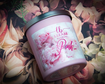 New! Pink Vegan Soy Candle | Wood Wick | Lizabe Waxwerx | Vanilla Caramel Cotton Candy Pink Petals Orchid