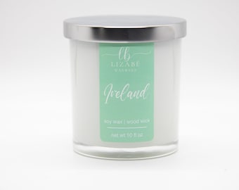 New! Ireland Vegan Soy Candle | Wood Wick | Lizabe Waxwerx | Lavender Ferns Violets Amber Oakmoss Vetiver Citrus Vanilla