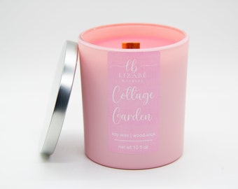 New! Cottage Garden Vegan Soy Candle | Wood Wick | Lizabe Waxwerx | Pink Rose Petals Magnolia Peonies