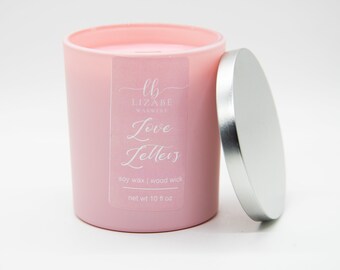 Love Letters Vegan Soy Candle | Wood Wick | Lizabe Waxwerx | Pink Sugar Vanilla Milk Black Vanilla Musk Orange & Cherry Blossoms Fruit