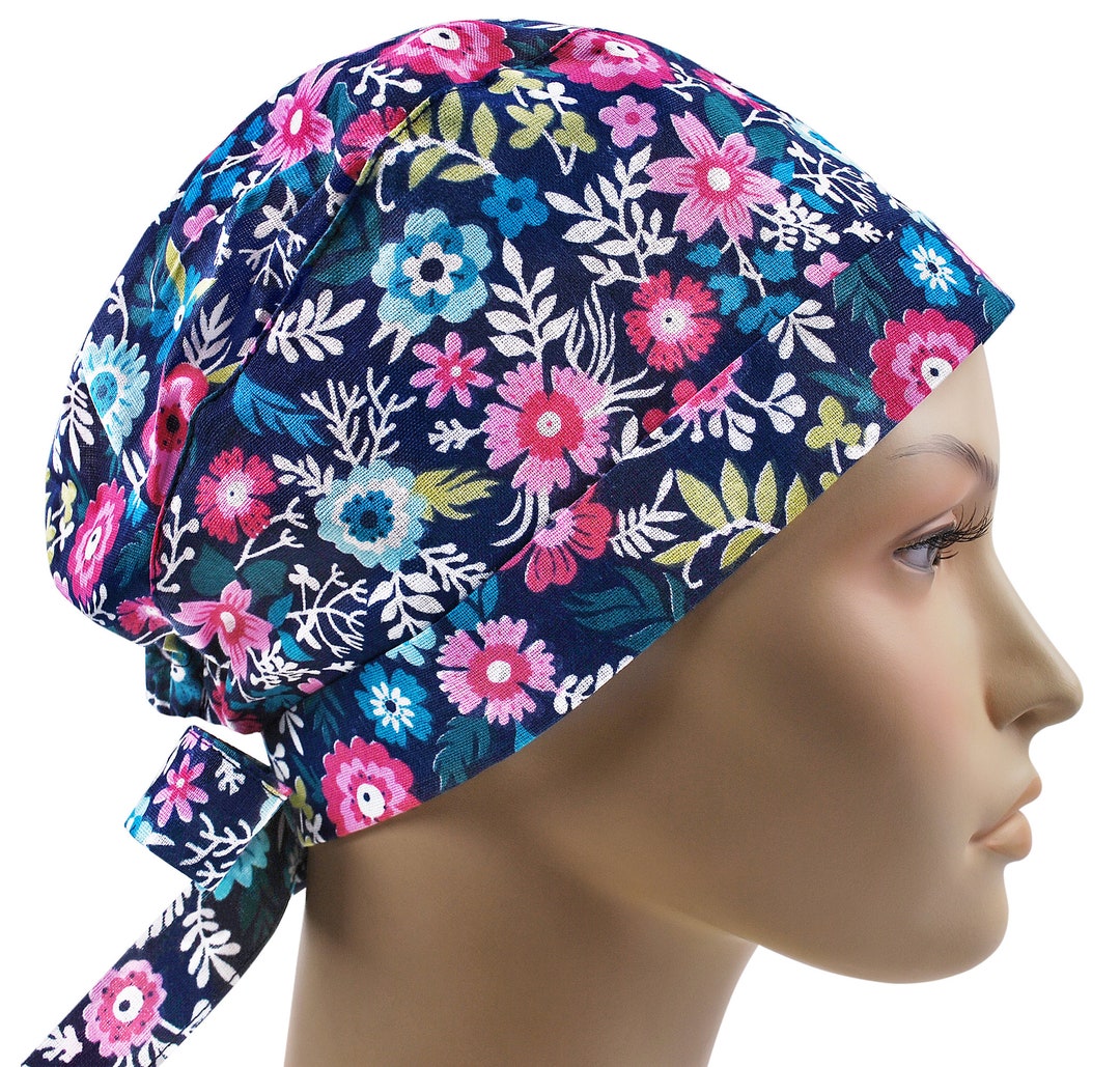 Scrub Cap Pixie, Surgical Hat, Nurse Cap, Scrub Hats, Blue Floral Etsy