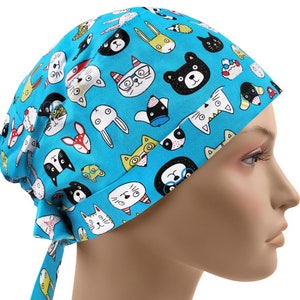 Scrub cap pixie, surgical hat, nurse cap short hair, scrub hats turquoise, animals
