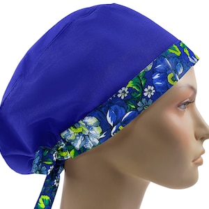 Scrub caps for women, scrub hats, surgical hat, euro nurse cap, blue floral