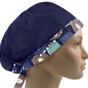 Scrub caps euro, surgical cap, scrub hats for women, nurse hat bear, teddy navy blue