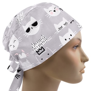 Scrub caps for women, scrub hats kitty, surgical hat, pixie nurse cap, gray cats