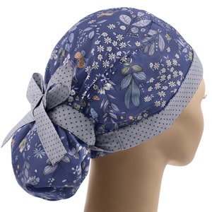 Ponytail nurse cap, scrub caps for women, scrub hats, surgical hat denim blue, flowers scrub cap, leaves