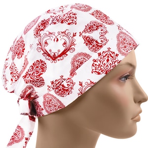 Pixie scrub caps, surgical cap, scrub hats for women, surgery hat hearts, red valentines