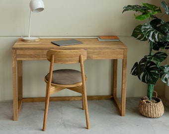 Moderne schrijftafel met 2 laden massief eikenhout in Scandinavische stijl, Schreibtisch, Bureau en bois massif Chêne, Escritorio madera roble