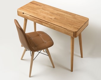 Schreibtisch aus Massivholz im skandinavischen Retro-Design, Schreibtisch mit 1 Schublade, Büro en bois massif design scandinave