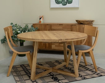 Table a manger allungabile ronde bois chêne massif, Runder esstisch ausziehbar massivholz, Mesa de comedor redonda extensible madera maciza