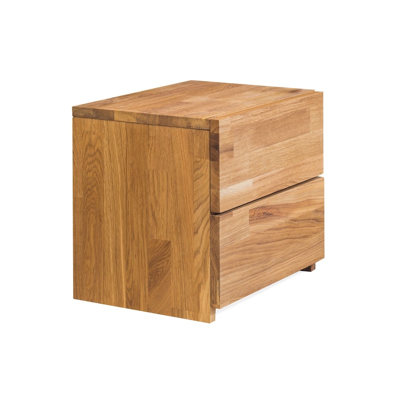 May include: A wooden nightstand with two drawers. The nightstand is made of light brown wood and has a simple, modern design.