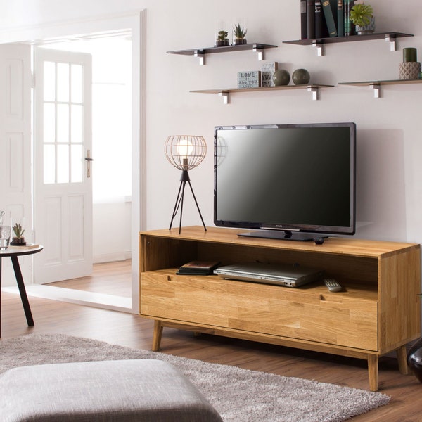 Couchtisch aus massiver Eiche mit Schublade, Meuble TV en bois de chêne massif, Meuble TV rétro design scandinave en chêne naturel