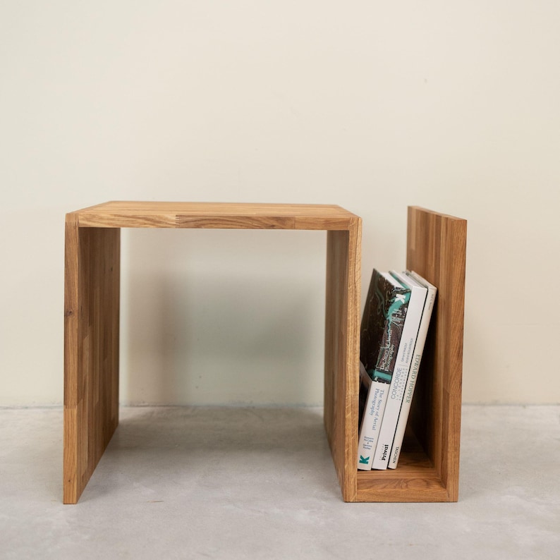 Solid Wood Oak Bedside End Table S-Shape, Nordic Nightstand Cabinet, Lamp Furniture, Original Scandinavian Bedroom, Table Chevet Scandinave