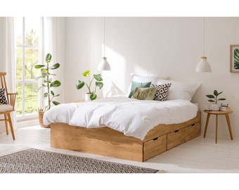 Cama de madera maciza de roble con almacenaje Sofia, Lit en chêne macizo avec rangement, Bett aus macizo Eichenholz mit Stauraum