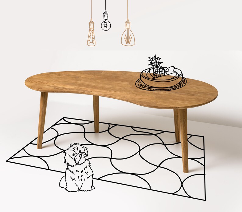 May include: A light wood coffee table with a unique, wavy shape. The table is sitting on a black and white patterned rug. A small, white dog is sitting in front of the table.