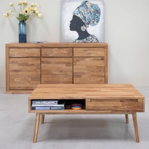 Table basse en chêne massif avec tiroir, Couchtisch aus massiver Eiche mit Schublade, mesa de café diseno escandinavo mid centery