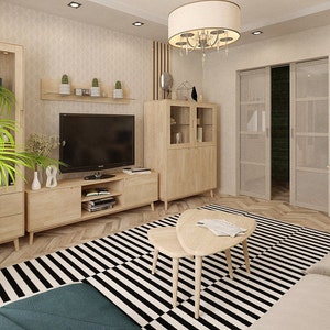 Puede incluir: Un dise&ntilde;o de interior de sala de estar con un centro de entretenimiento de madera clara, un televisor negro, una planta grande en maceta, una alfombra rayada en blanco y negro y una mesa de caf&eacute; de madera clara.