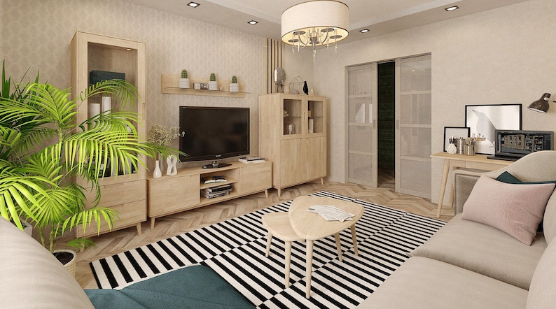 Puede incluir: Un dise&ntilde;o de interior de sala de estar con un centro de entretenimiento de madera clara, un televisor negro, una planta grande en maceta, una alfombra rayada en blanco y negro y una mesa de caf&eacute; de madera clara.