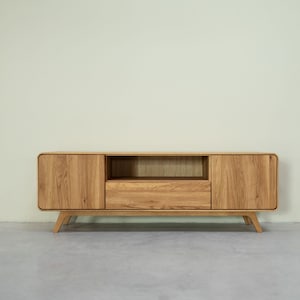 Meuble TV en bois de chêne massif, Couchtisch aus massiver Eiche mit Schublade, Solid oak wood TV stand, Mueble de TV roble