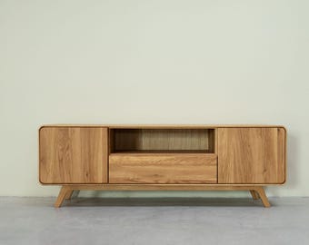 Meuble TV en bois de chêne massif, Couchtisch aus massiver Eiche mit Schublade, Solid oak wood TV stand, Mueble de TV roble