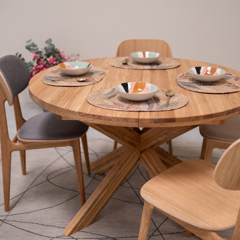 Table a manger extensible ronde bois chêne massif, Runder esstisch ausziehbar massivholz, Mesa de comedor redonda extensible madera maciza 画像 5