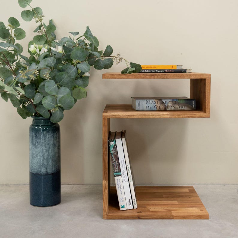 Solid Wood Oak Bedside End Table S-Shape, Nordic Nightstand Cabinet, Lamp Furniture, Original Scandinavian Bedroom, Table Chevet Scandinave