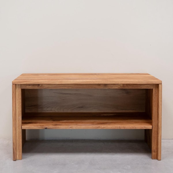 Shoe rack solid oak wood Scandinavian style, Meuble à chaussures en chêne massif, banc, Schuhregal aus massiver Eiche, Zapatero de madera