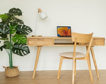 Schreibtisch aus massivem Eichenholz mit 3 Schubladen, Table de bureau en bois massif chêne design scandinave moderne, Schreibtisch