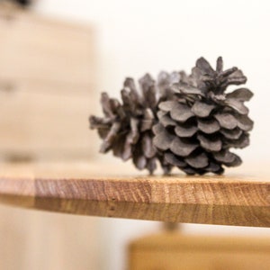 May include: A gray pine cone sits on a wooden table top. The table is made of light brown wood with a natural grain pattern.