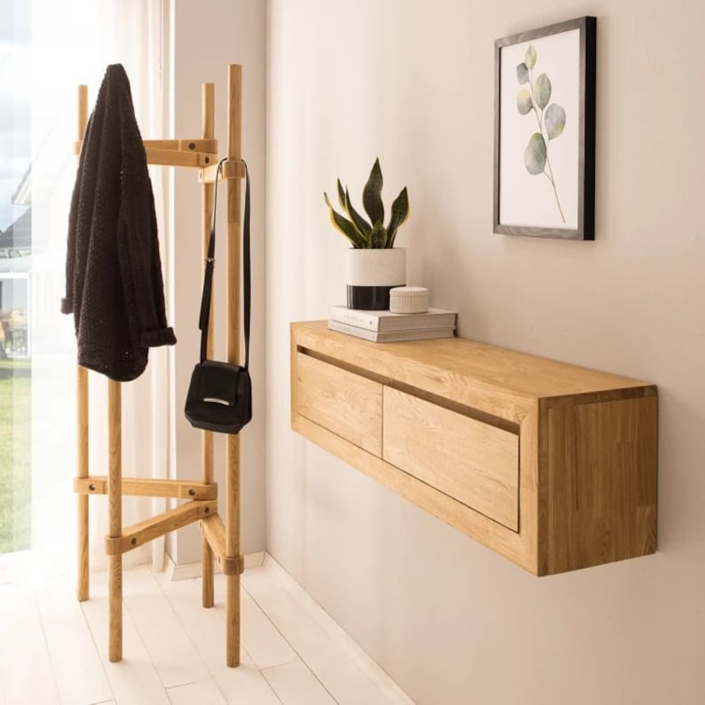 Konsole multimédia Meuble TV bas en bois de chêne, Konsole TV flottante avec 2 tiroirs, Wandmontierter TV-Ständer Massivholz Eiche Bild 1