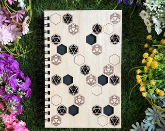 D20 Honeycomb Journal voor dagboek, journaling, TTRPG-campagnedagboek, notities, schetsen (houten dagboekomslag)