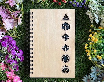 Polyhedral Dice Journal voor dagboek, journaling, TTRPG-campagnedagboek, notities, schetsen (houten dagboekomslag)