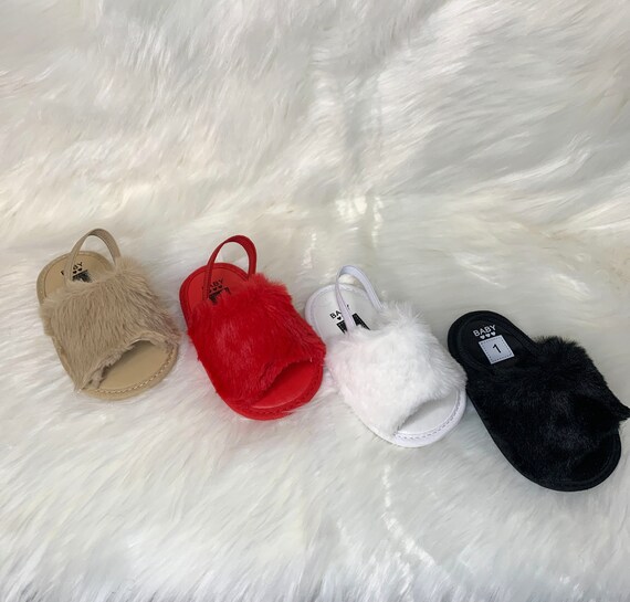 baby fur slides with strap